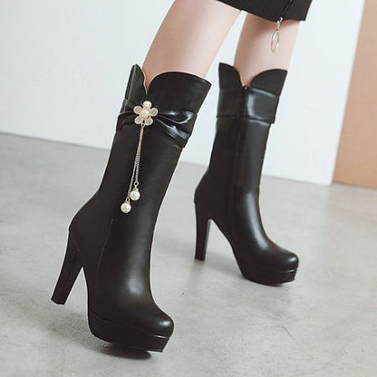 Women Rhinestone Pearl High Heels Platform Mid Calf Boots