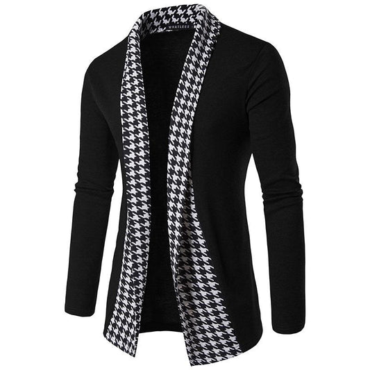 Men's Houndstooth Placket Contrast Color Korean Style Cardigan