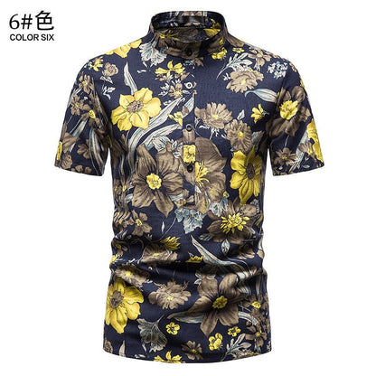 Men's Hawaii Casual Henry Stand-Up Collar Short Beach Shirts