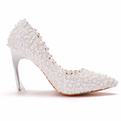 Women Crystal Pointed Toe Lace Beads Stiletto Heel Wedding Pumps