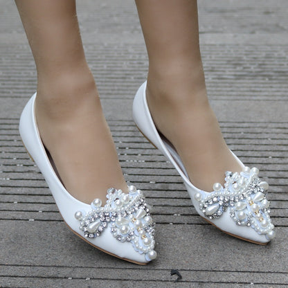 Women Pointed Toe Shallow Rhinestone Beads Flora Wedding Flats