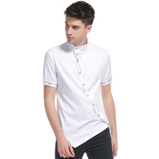 Men's Personality Helical Placket Pointed Hem Tuxedo Short Sleeves Stand-Up Collar Shirts