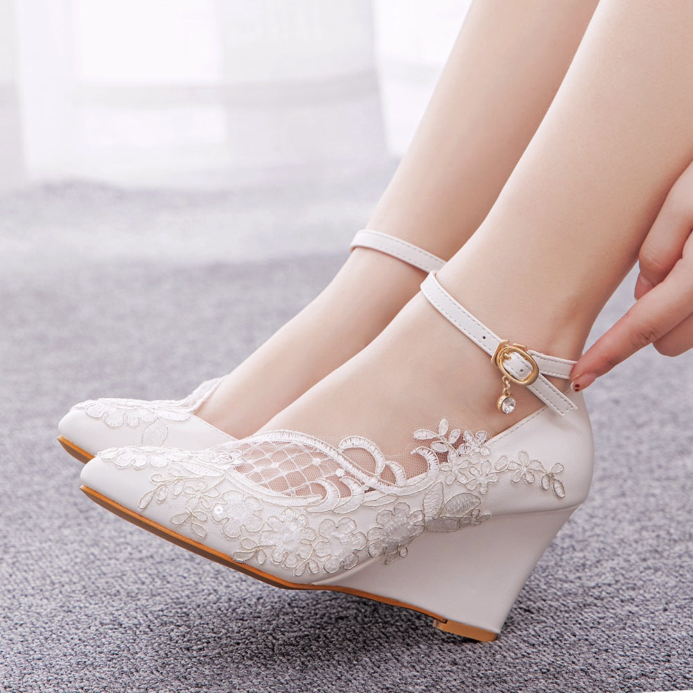 Lace Shallow Ankle Strap 8cm Wedge Heel Women Pumps Wedding Shoes