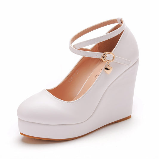 Women Round Toe Crossed Ankle Strap Straps Wedge Heel Platform Pumps