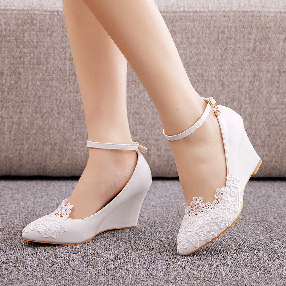 Lace Ankle Strap 7cm Wedge Heel Women Pumps Wedding Shoes