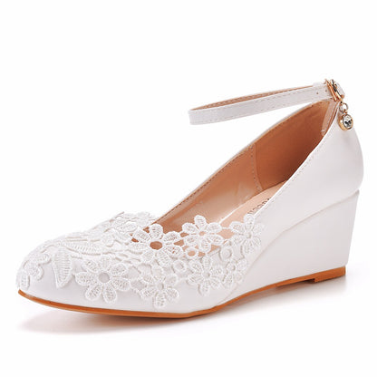 Lace Rhinestone Ankle Strap 5cm Wedge Heel Women Pumps Wedding Shoes