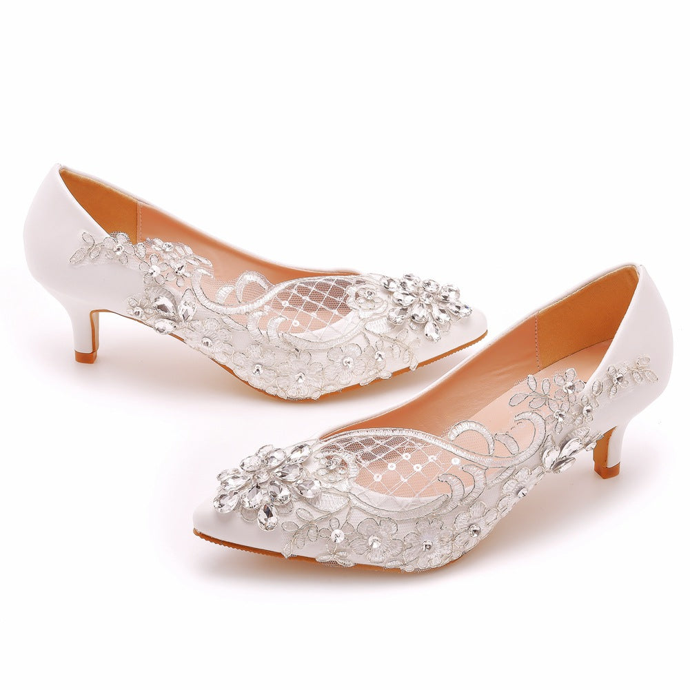 Women Stiletto Heel Pointed Toe Pumps Rhinestone Lace Bridal Wedding Shoes