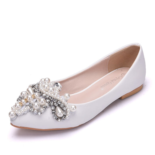 Women Pointed Toe Shallow Rhinestone Beads Flora Wedding Flats