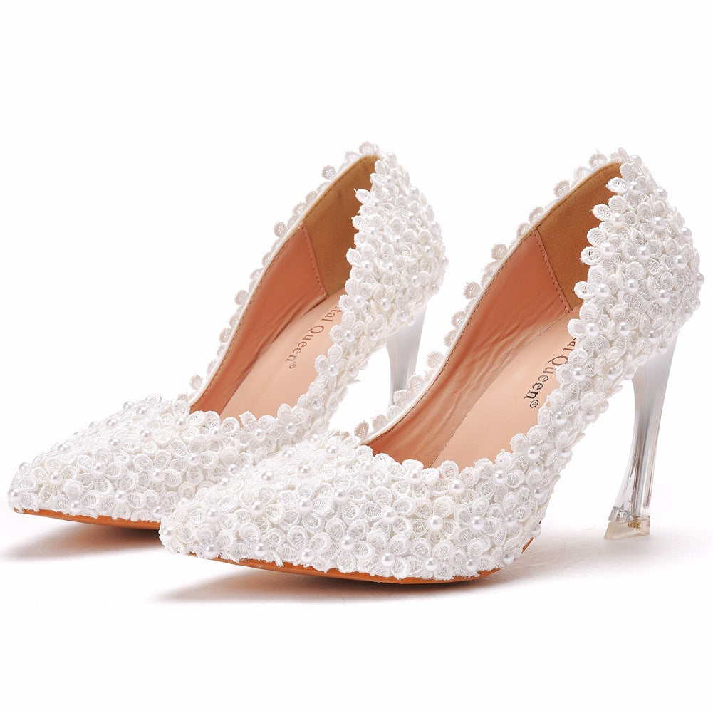 Women Crystal Pointed Toe Lace Beads Stiletto Heel Wedding Pumps