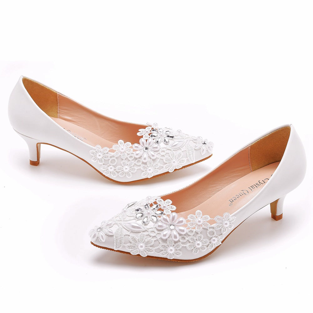 Women Pointed Toe Lace Flora Rhinestone Bridal Wedding Shoes Pumps Stiletto Heel