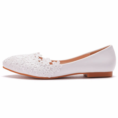 Women Pointed Toe Shallow Lace Flora Bridal Wedding Flat Shoes