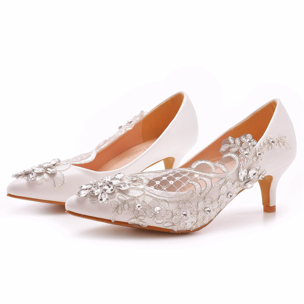 Women Stiletto Heel Pointed Toe Pumps Rhinestone Lace Bridal Wedding Shoes