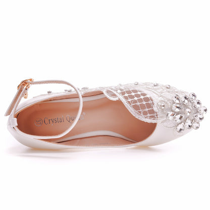 Rhinestone Mesh Ankle Strap 5cm Wedge Heel Women Pumps Wedding Shoes