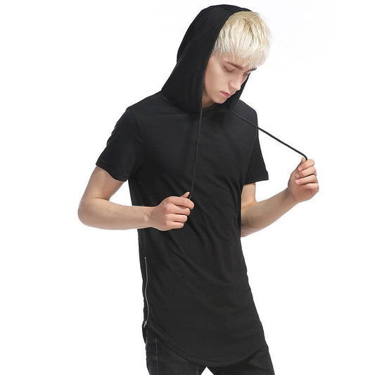 Men's Hip-Hop Street Style Double Zipper Long Hooded Short Sleeves T-shirt