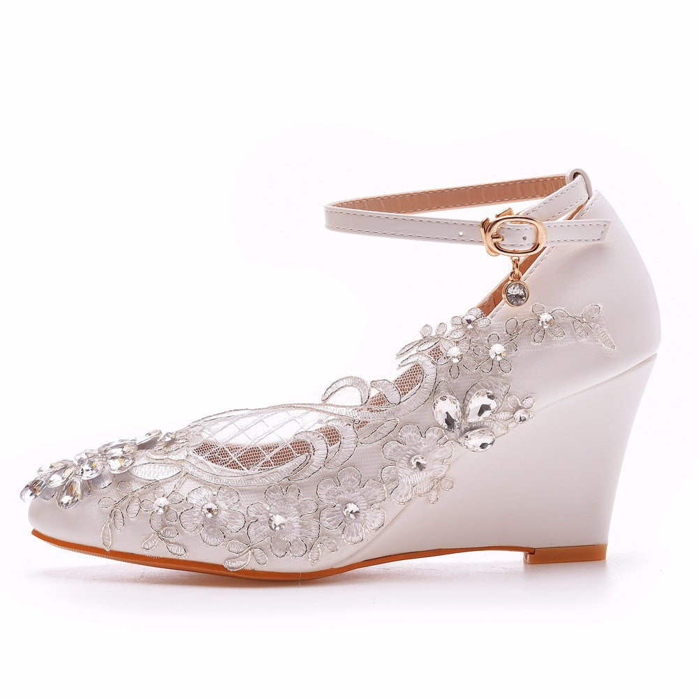 Rhinestone Mesh Ankle Strap 8cm Wedge Heel Women Pumps Wedding Shoes