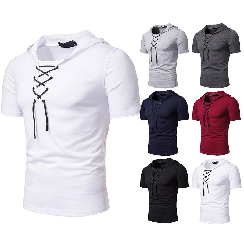 Men's Hooded Loose Shoelace Short Sleeves T-shirt