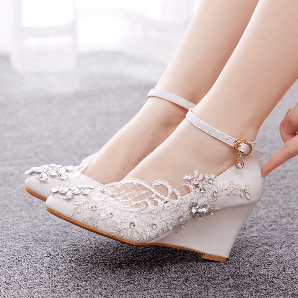 Rhinestone Mesh Ankle Strap 8cm Wedge Heel Women Pumps Wedding Shoes