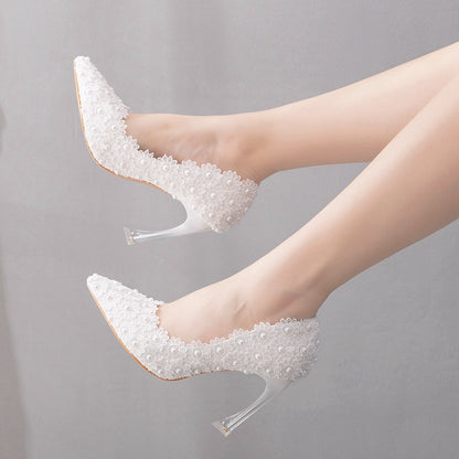 Women Crystal Pointed Toe Lace Beads Stiletto Heel Wedding Pumps