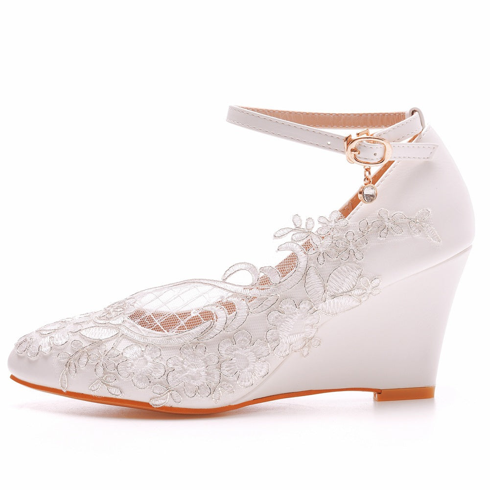 Lace Shallow Ankle Strap 8cm Wedge Heel Women Pumps Wedding Shoes