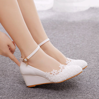 Lace Rhinestone Ankle Strap 5cm Wedge Heel Women Pumps Wedding Shoes