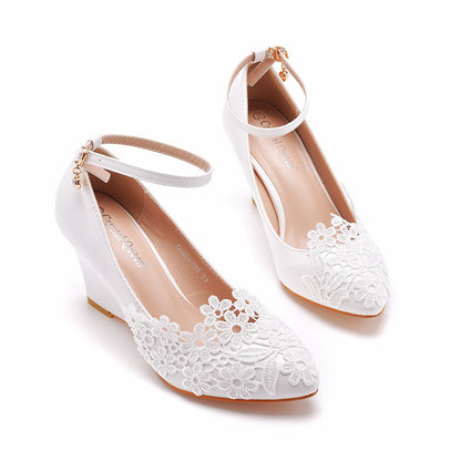 Lace Ankle Strap 7cm Wedge Heel Women Pumps Wedding Shoes