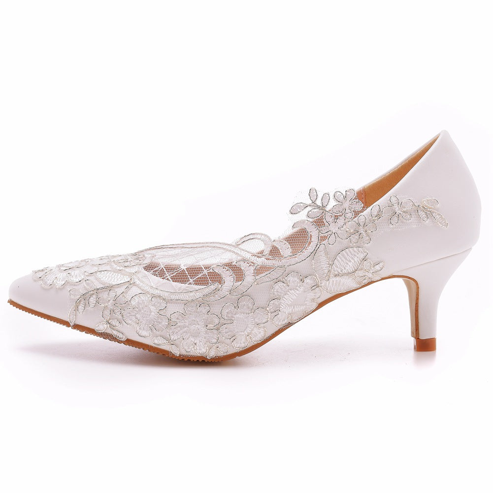 Women Stiletto Heel Pointed Toe Pumps Lace Flora Bridal Wedding Shoes