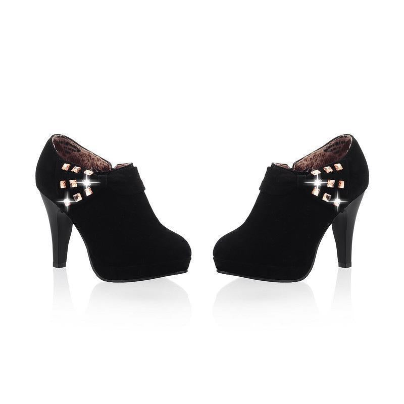 Faux Suede Rhinestone Women Chunky Heel Pumps 3886