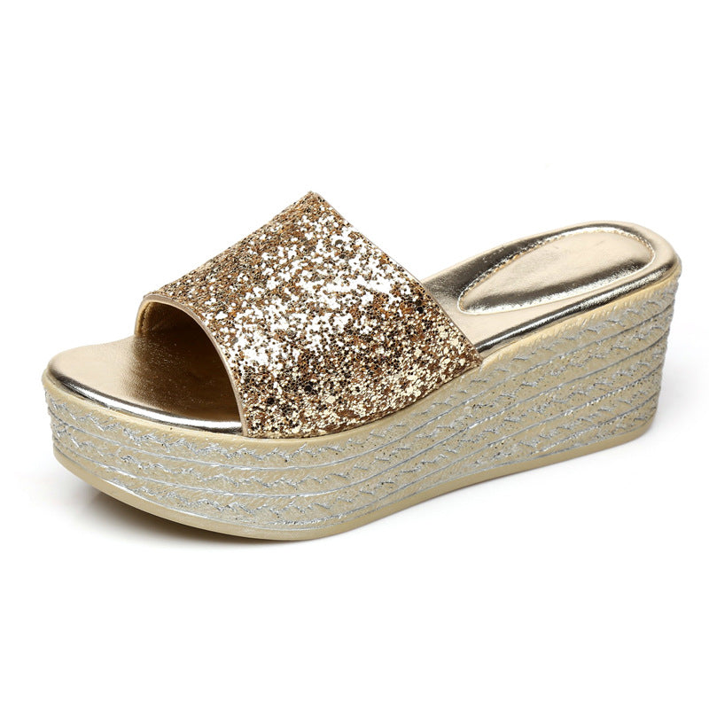 Women's Sequined Slippers Platform Wedge Sandals