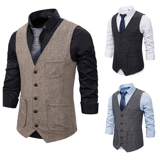 Men's Woollen Double Pocket Single Breasted Tough Guy Suit Vest