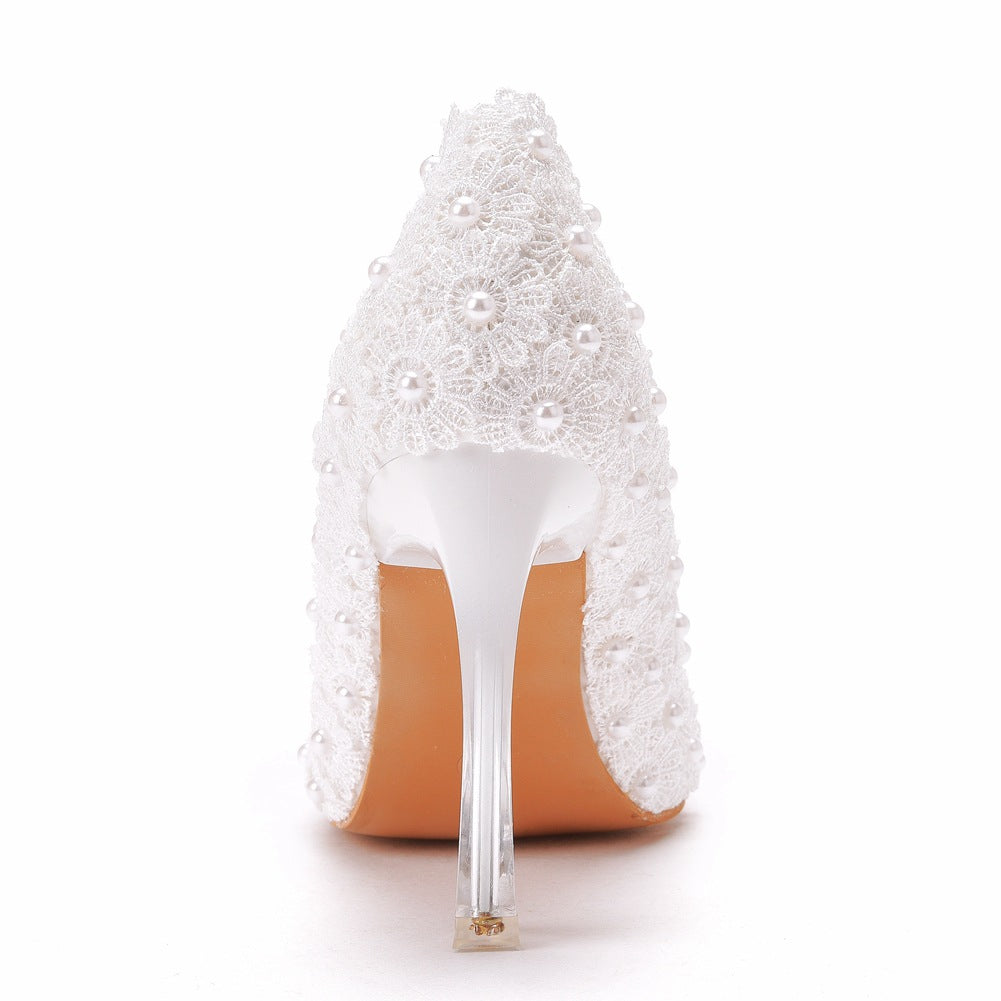 Women Crystal Pointed Toe Lace Beads Stiletto Heel Wedding Pumps