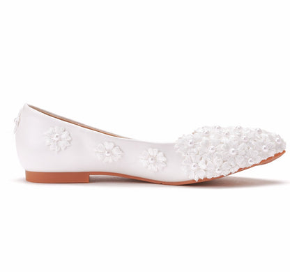 Women Pointed Toe Shallow Pearls Lace Flora Bridal Wedding Shoes Flats