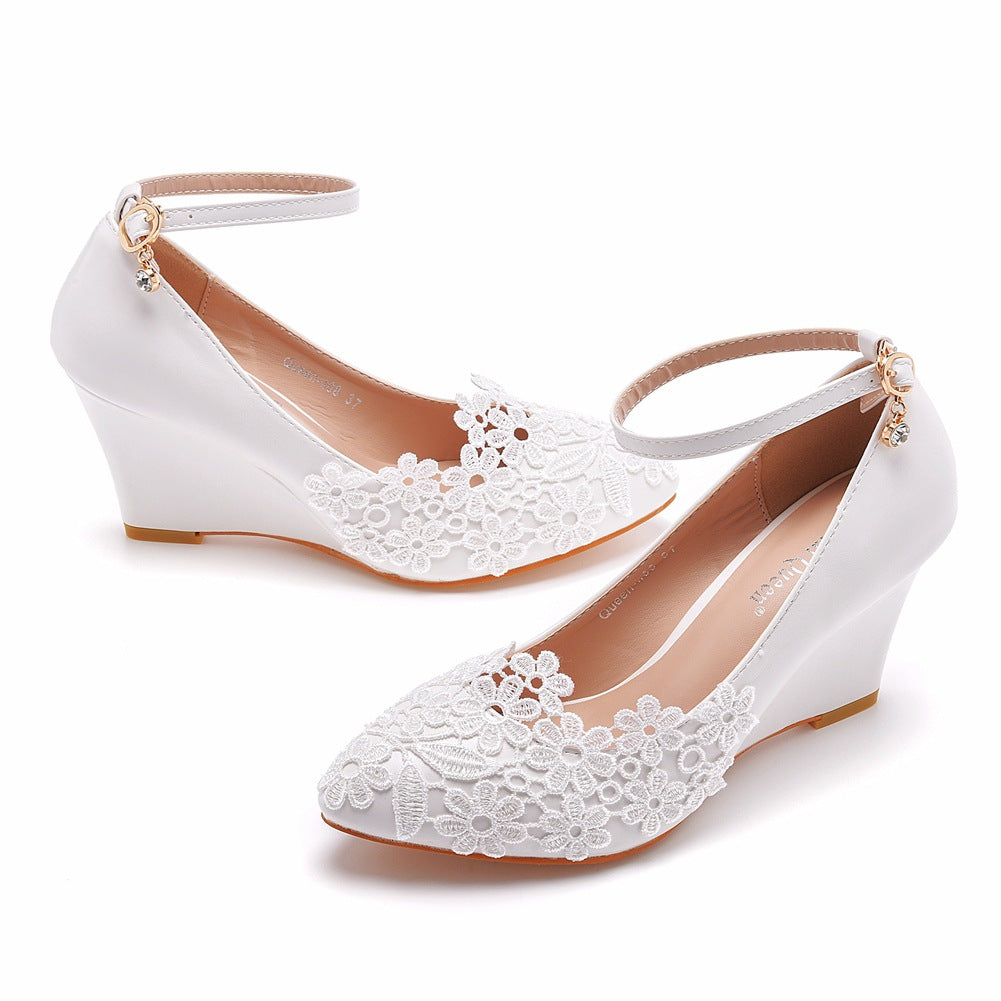 Lace Ankle Strap 7cm Wedge Heel Women Pumps Wedding Shoes