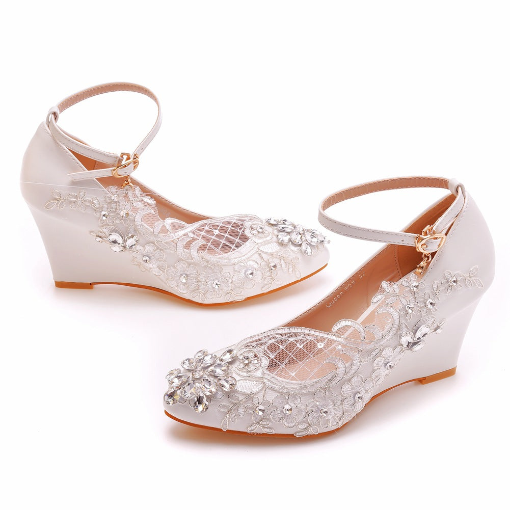 Rhinestone Mesh Ankle Strap 8cm Wedge Heel Women Pumps Wedding Shoes