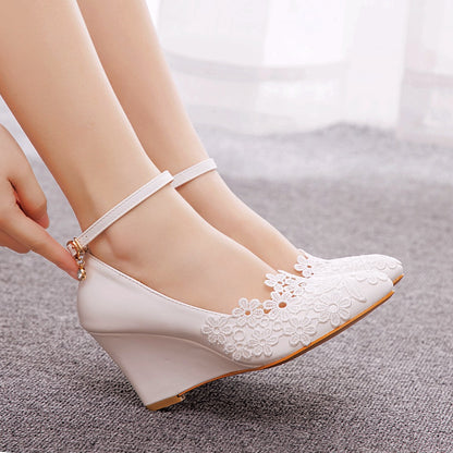 Lace Ankle Strap 7cm Wedge Heel Women Pumps Wedding Shoes