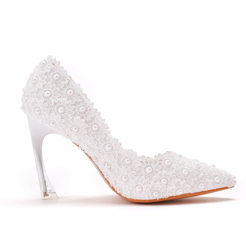 Women Crystal Pointed Toe Lace Beads Stiletto Heel Wedding Pumps