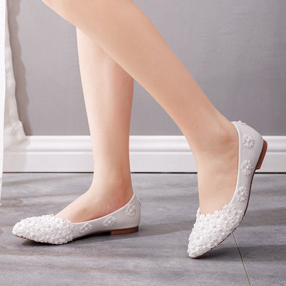 Women Pointed Toe Shallow Pearls Lace Flora Bridal Wedding Shoes Flats