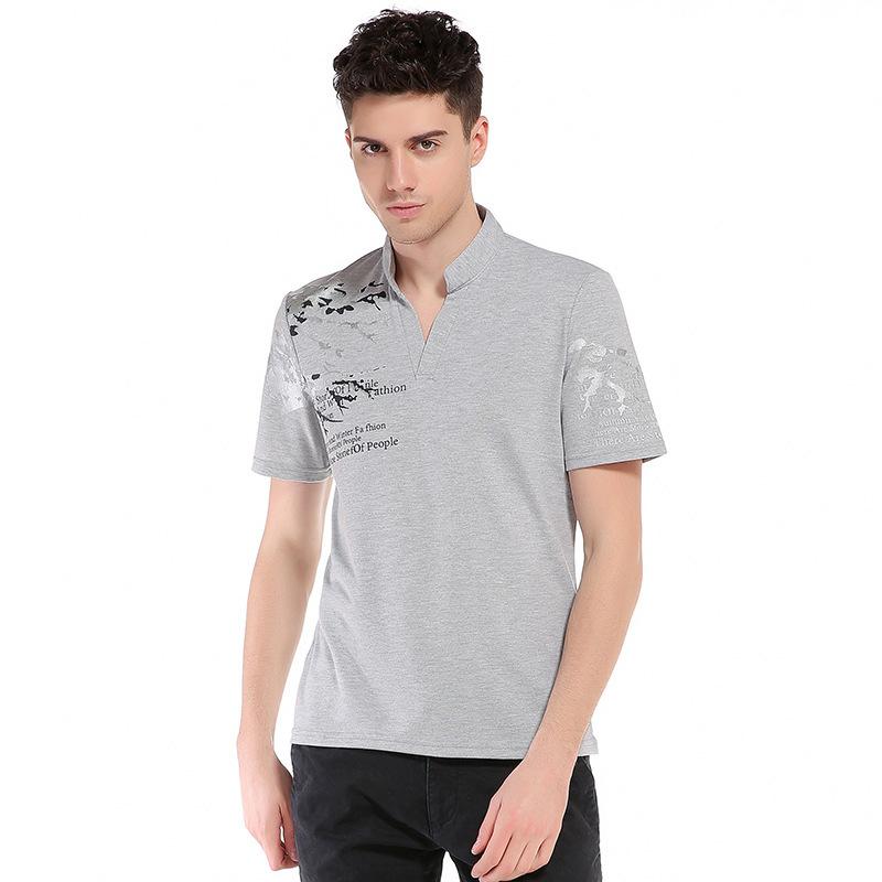 Men's Printing Henry Stand-Up Collar Short Sleeves Plus Size T-shirt