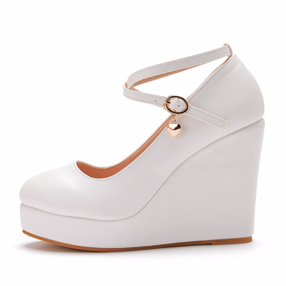 Women Round Toe Crossed Ankle Strap Straps Wedge Heel Platform Pumps