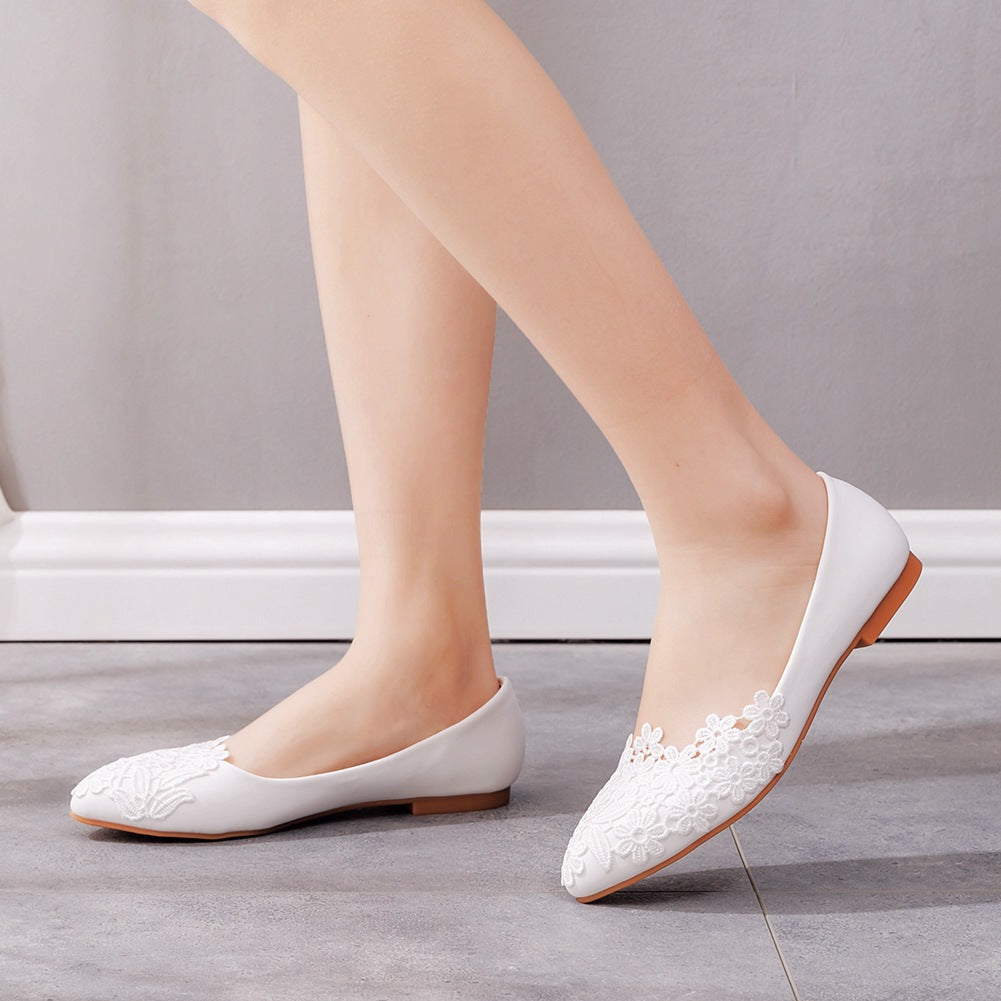 Women Pointed Toe Shallow Lace Flora Bridal Wedding Flat Shoes