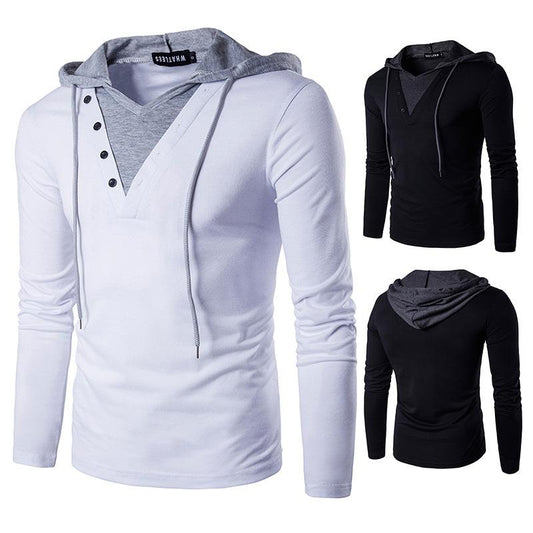 Men's Youth Personality Long Sleeves Color Block Hooded T-shirt