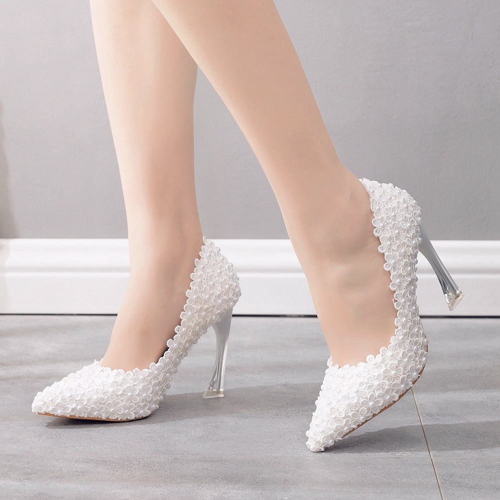 Women Crystal Pointed Toe Lace Beads Stiletto Heel Wedding Pumps