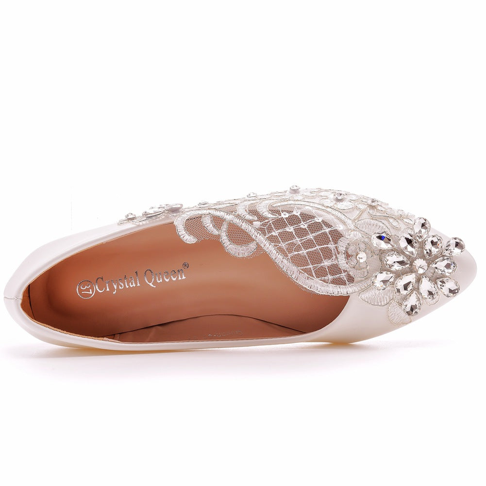 Women Pointed Toe Shallow Lace Rhinestone Flora Bridal Wedding Flat Shoes