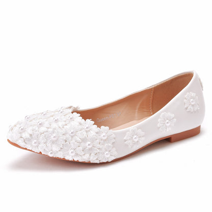 Women Pointed Toe Shallow Pearls Lace Flora Bridal Wedding Shoes Flats