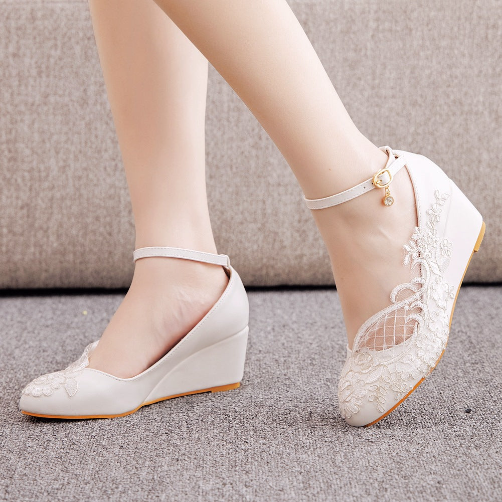 Shallow Ankle Strap 5cm Wedge Heel Women Pumps Wedding Shoes