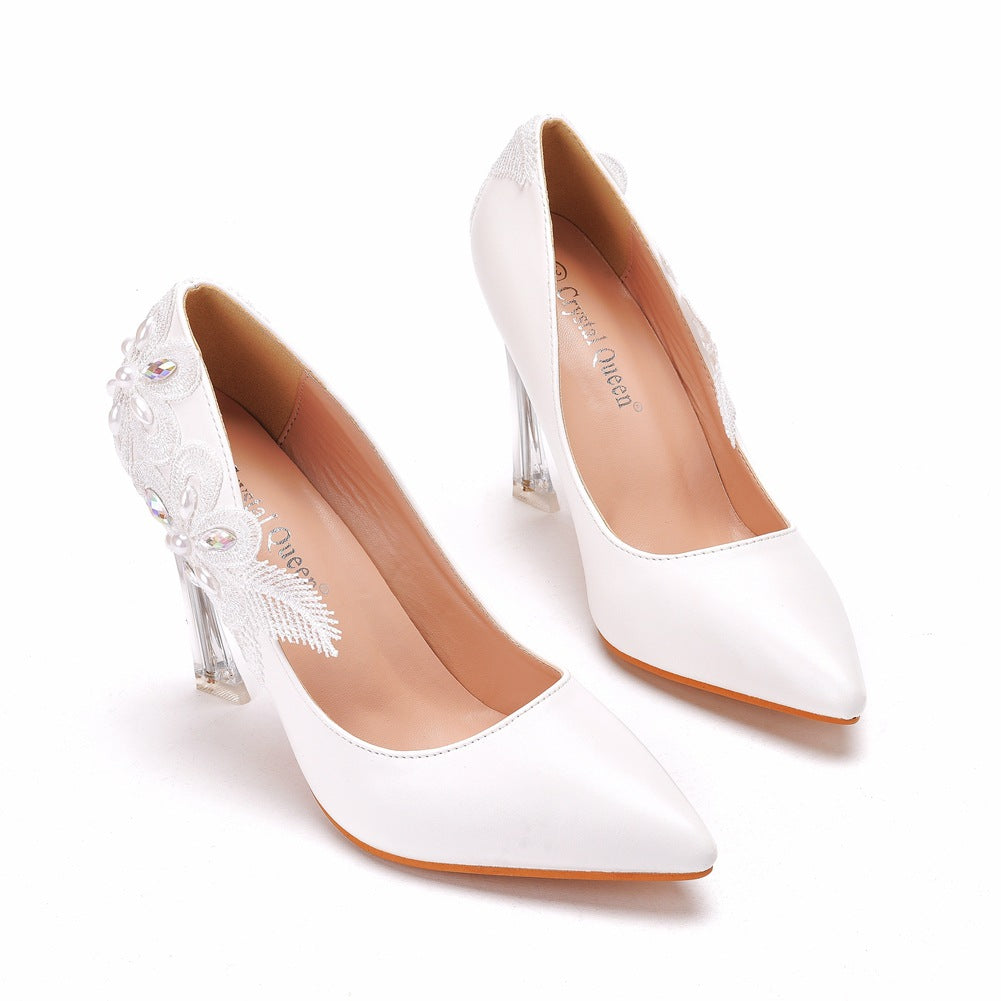 Women Crystal Pointed Toe Lace Rhinestone Stiletto Heel Wedding Pumps