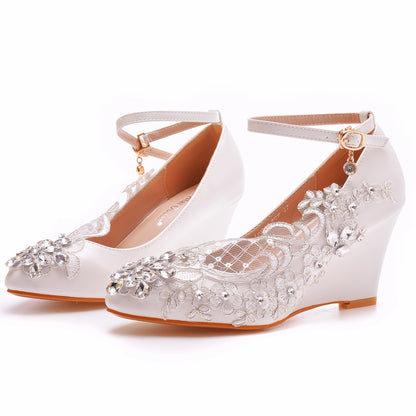 Rhinestone Mesh Ankle Strap 8cm Wedge Heel Women Pumps Wedding Shoes