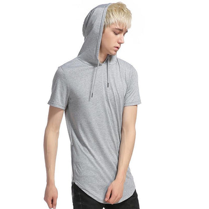 Men's Hip-Hop Street Style Double Zipper Long Hooded Short Sleeves T-shirt