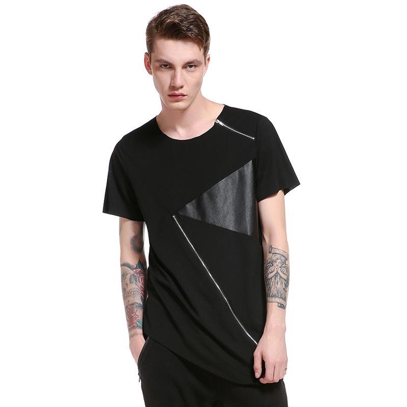 Men's Street Style Hip-Hop Round Neck Fashion Short Sleeves Specialty Hem Zipper Split Joint T-shirt