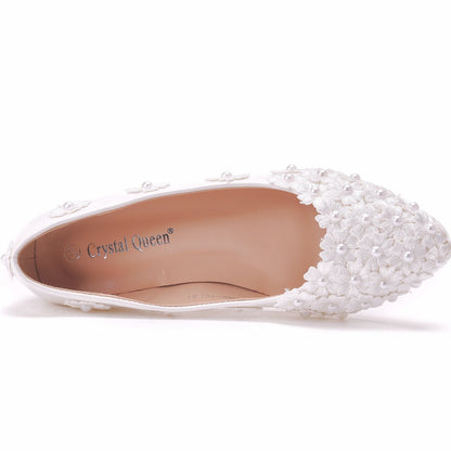 Women Pointed Toe Shallow Pearls Lace Flora Bridal Wedding Shoes Flats