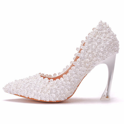 Women Crystal Pointed Toe Lace Beads Stiletto Heel Wedding Pumps